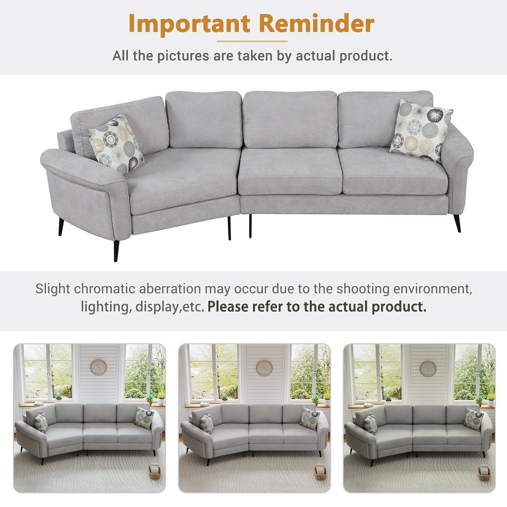 111 3 Seater Sofa Couch, Chenille Curved Sofa Couch with 2 Printed Pillows Modern Upholstered Sofa for Living Room