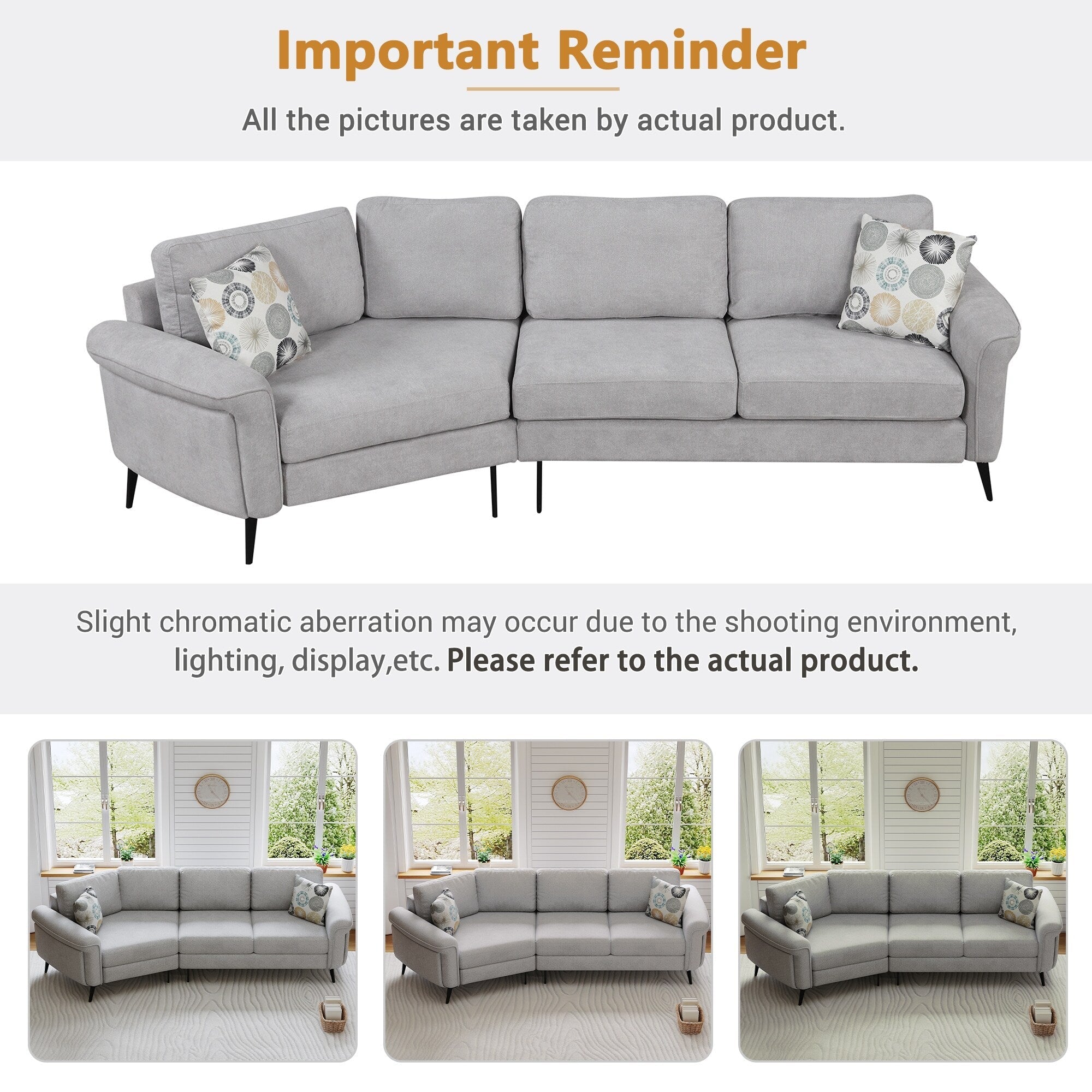 111 3 Seater Sofa Couch, Chenille Curved Sofa Couch with 2 Printed Pillows Modern Upholstered Sofa for Living Room