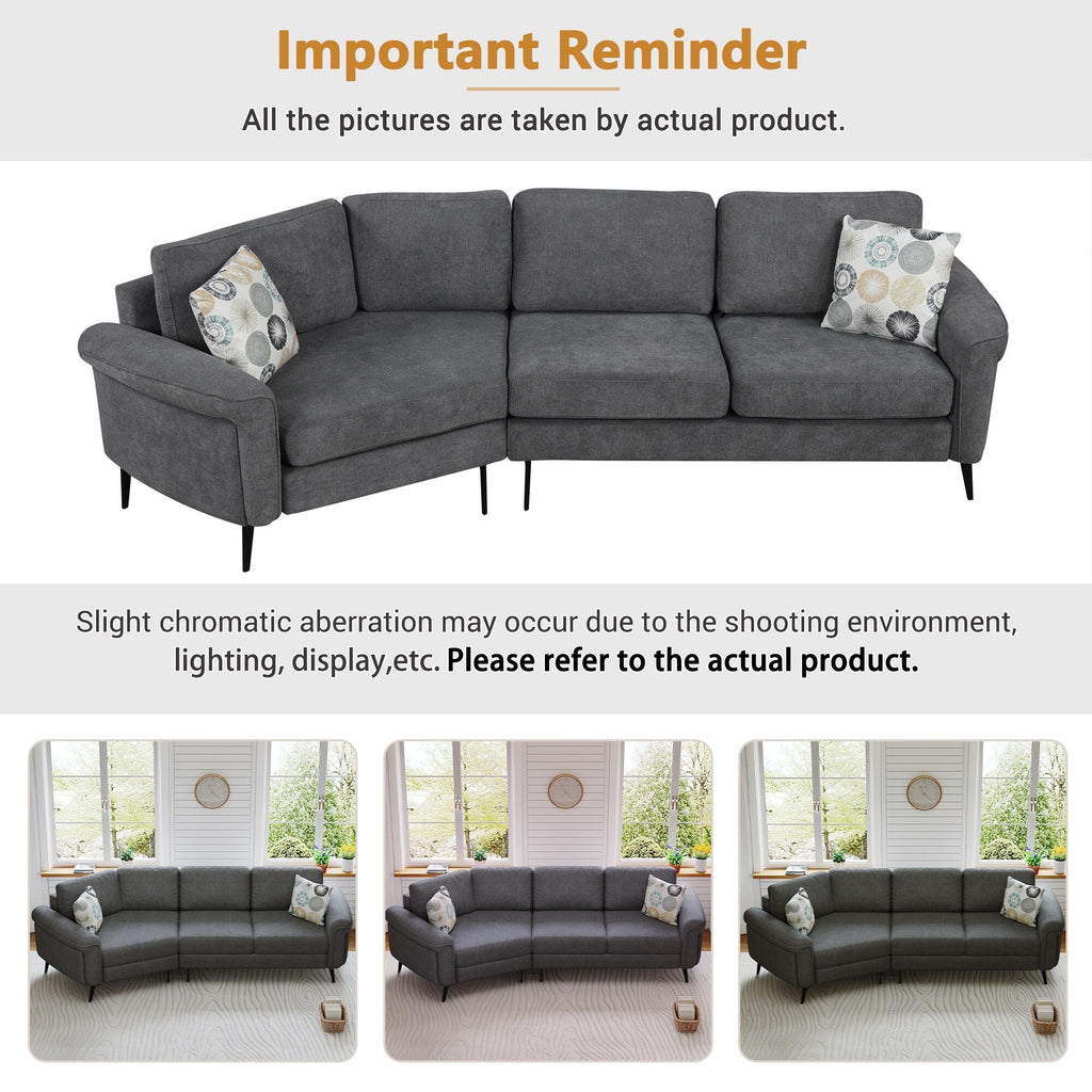 111 3 Seater Sofa Couch, Chenille Curved Sofa Couch with 2 Printed Pillows Modern Upholstered Sofa for Living Room