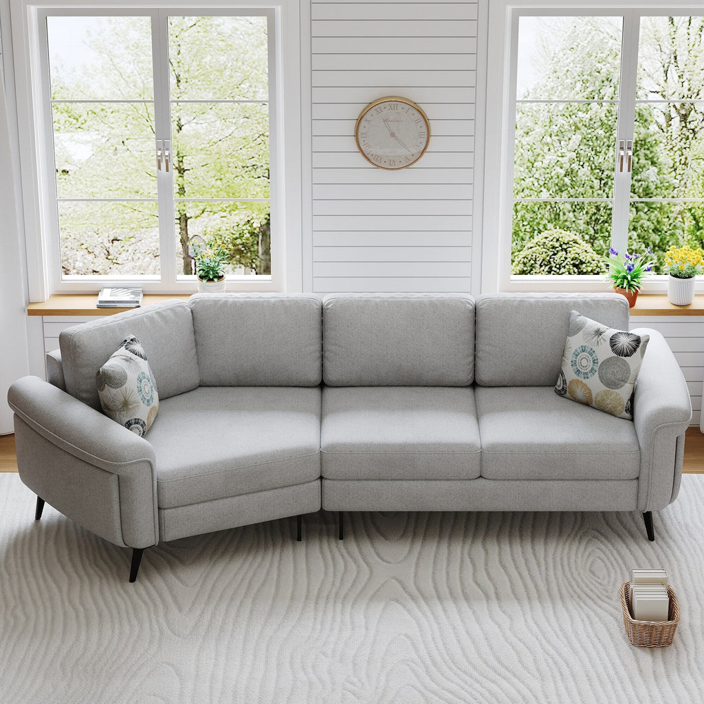 111 3 Seater Sofa Couch, Chenille Curved Sofa Couch with 2 Printed Pillows Modern Upholstered Sofa for Living Room