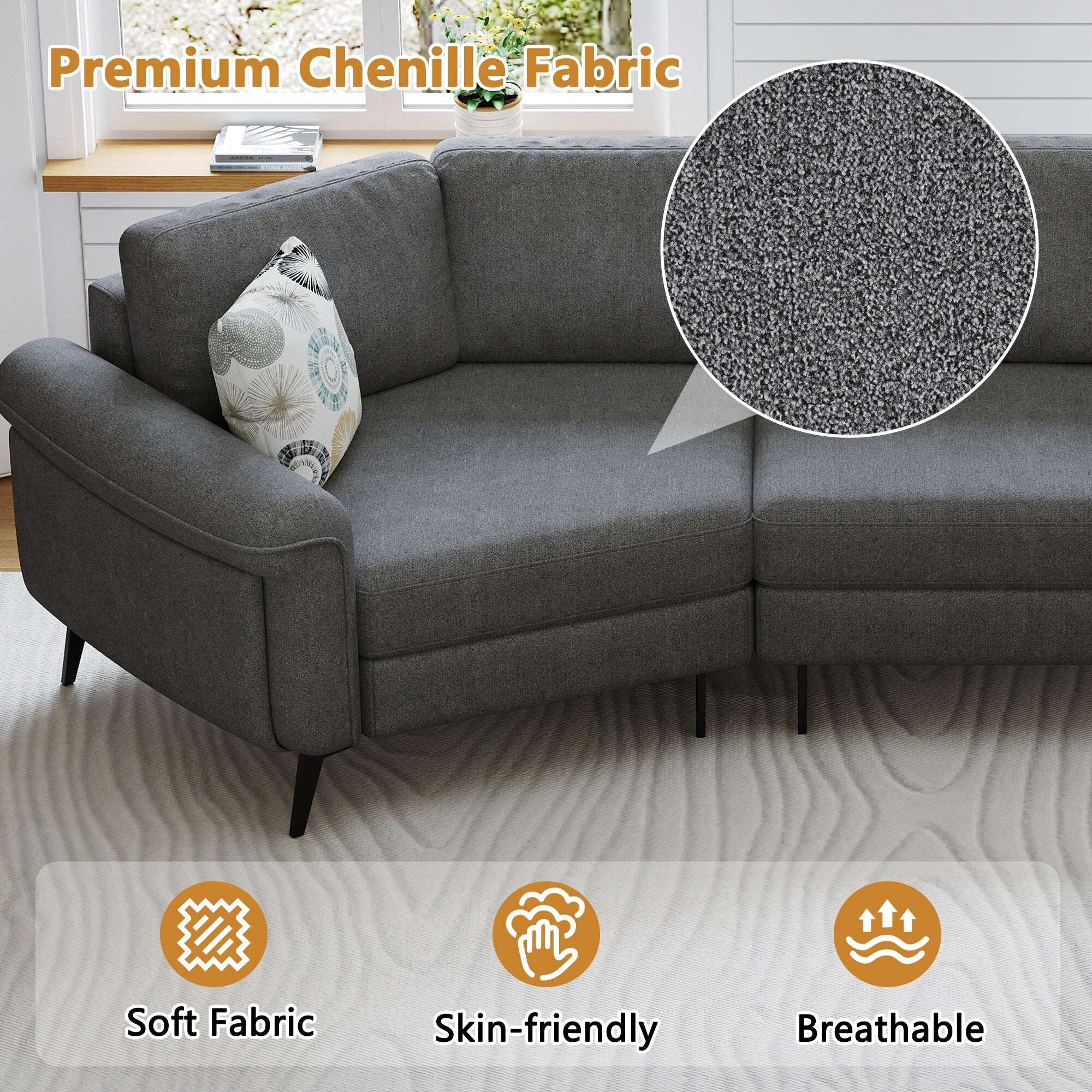 111 3 Seater Sofa Couch, Chenille Curved Sofa Couch with 2 Printed Pillows Modern Upholstered Sofa for Living Room