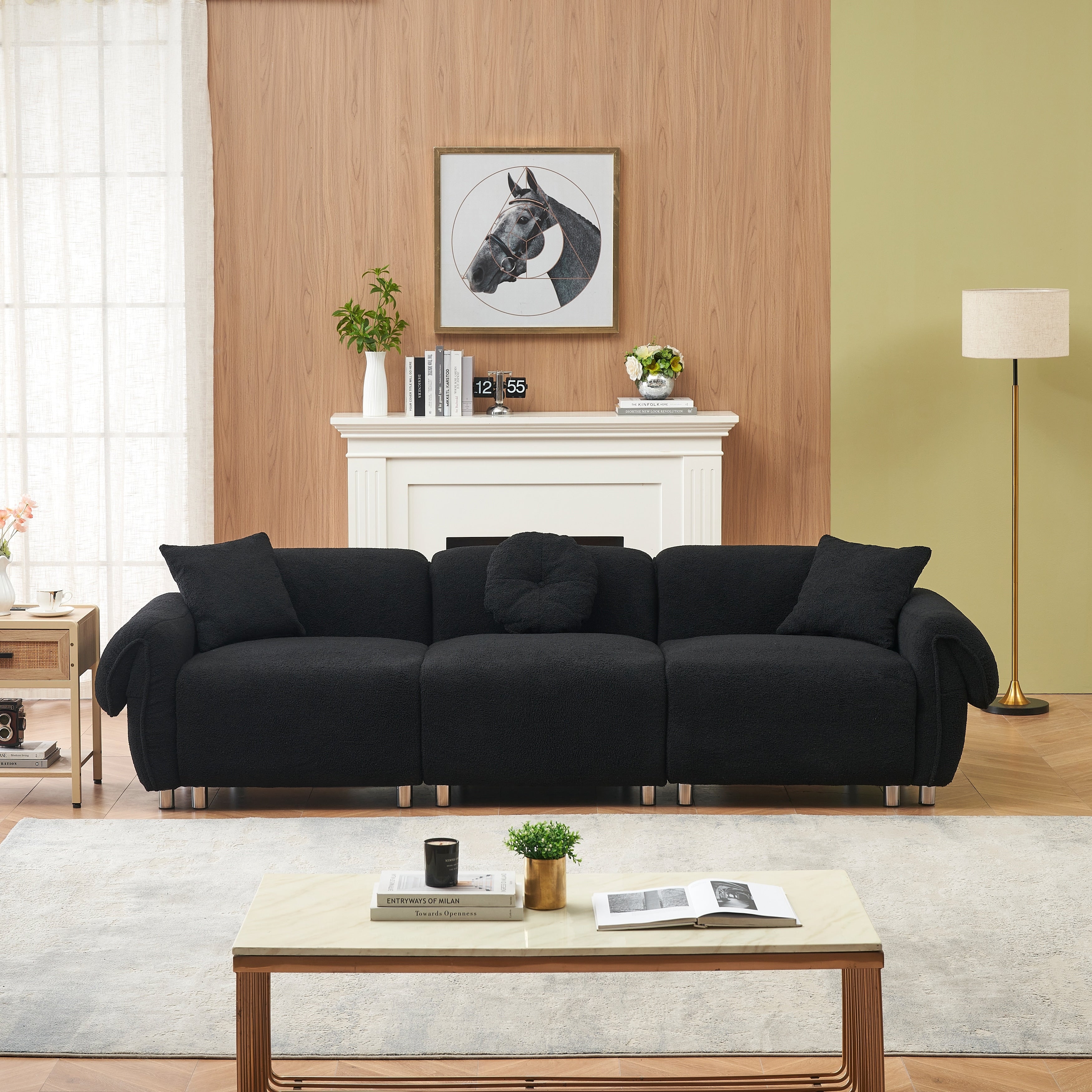 112'' Teddy Fabric 3 Seater Sofa Couch with 3 Pillows, Scratch-Resistant with Soft Cushioning and Metal Legs
