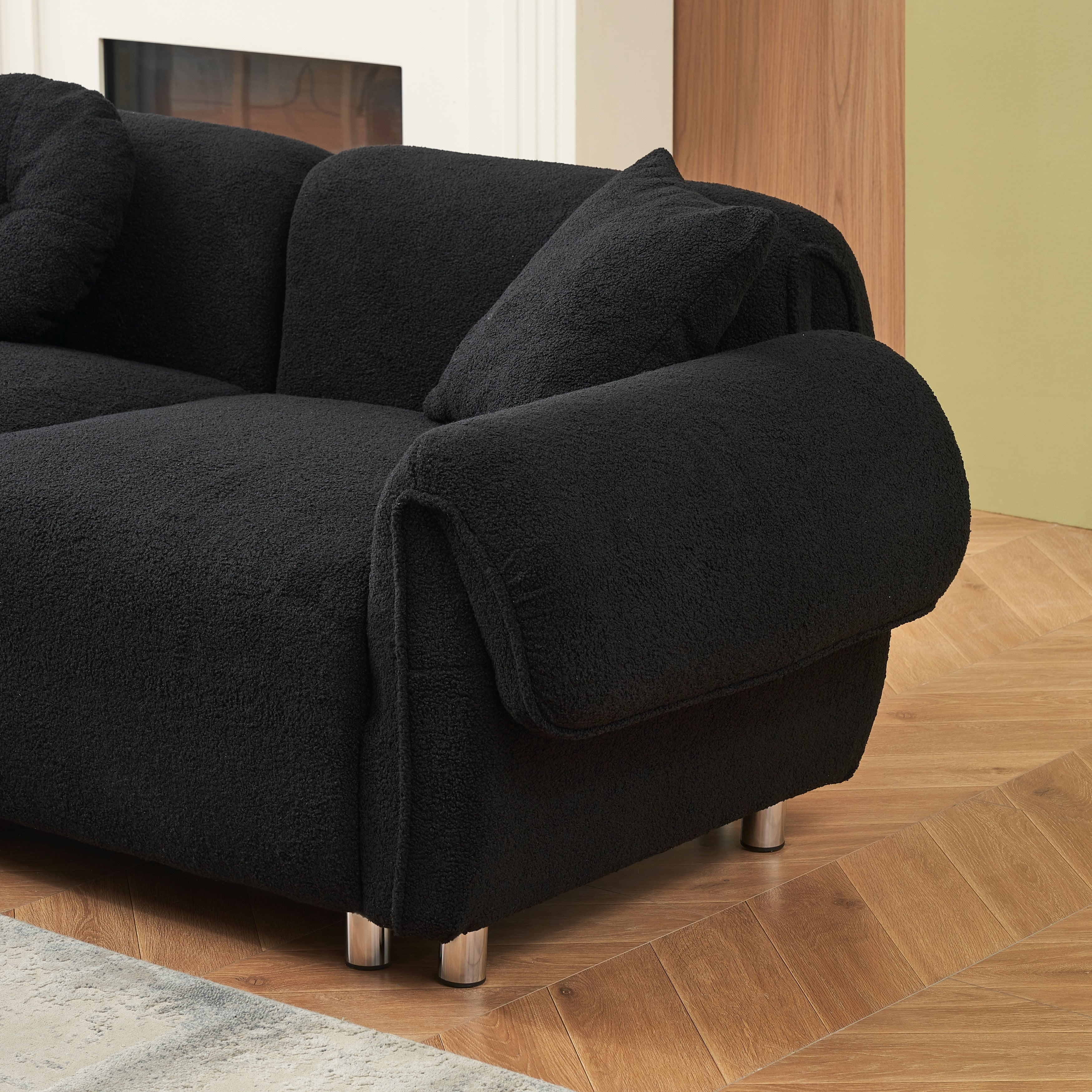 112'' Teddy Fabric 3 Seater Sofa Couch with 3 Pillows, Scratch-Resistant with Soft Cushioning and Metal Legs
