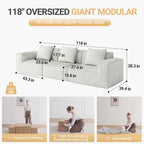 118 Inch Modular Convertible Sofa Bed 3 Seater White Corduroy Velvet