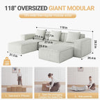 118 Inch Modular Convertible Sofa Bed 3-Seater with Footrests White Cloud Velvet