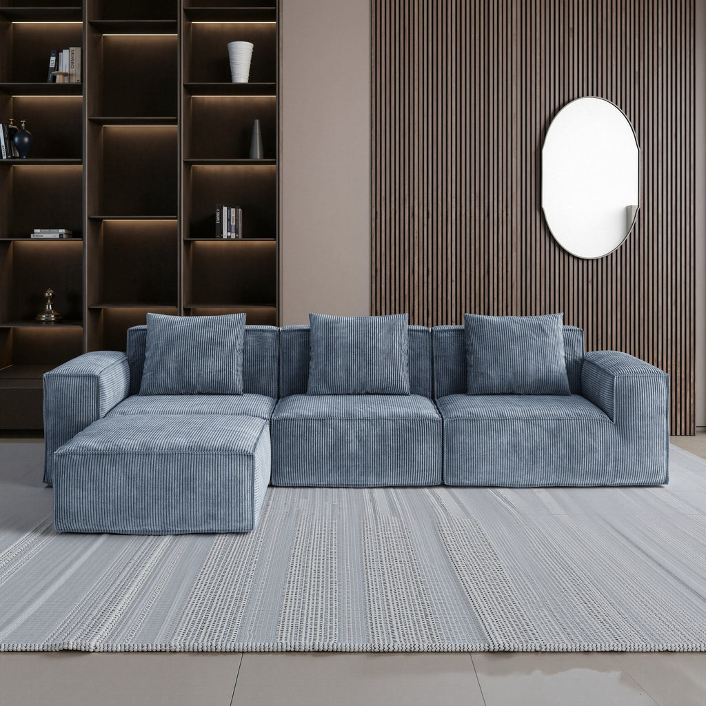 118 Inch Modular Sofa Bed Convertible 3 Seater with Footrest Gray Corduroy Velvet