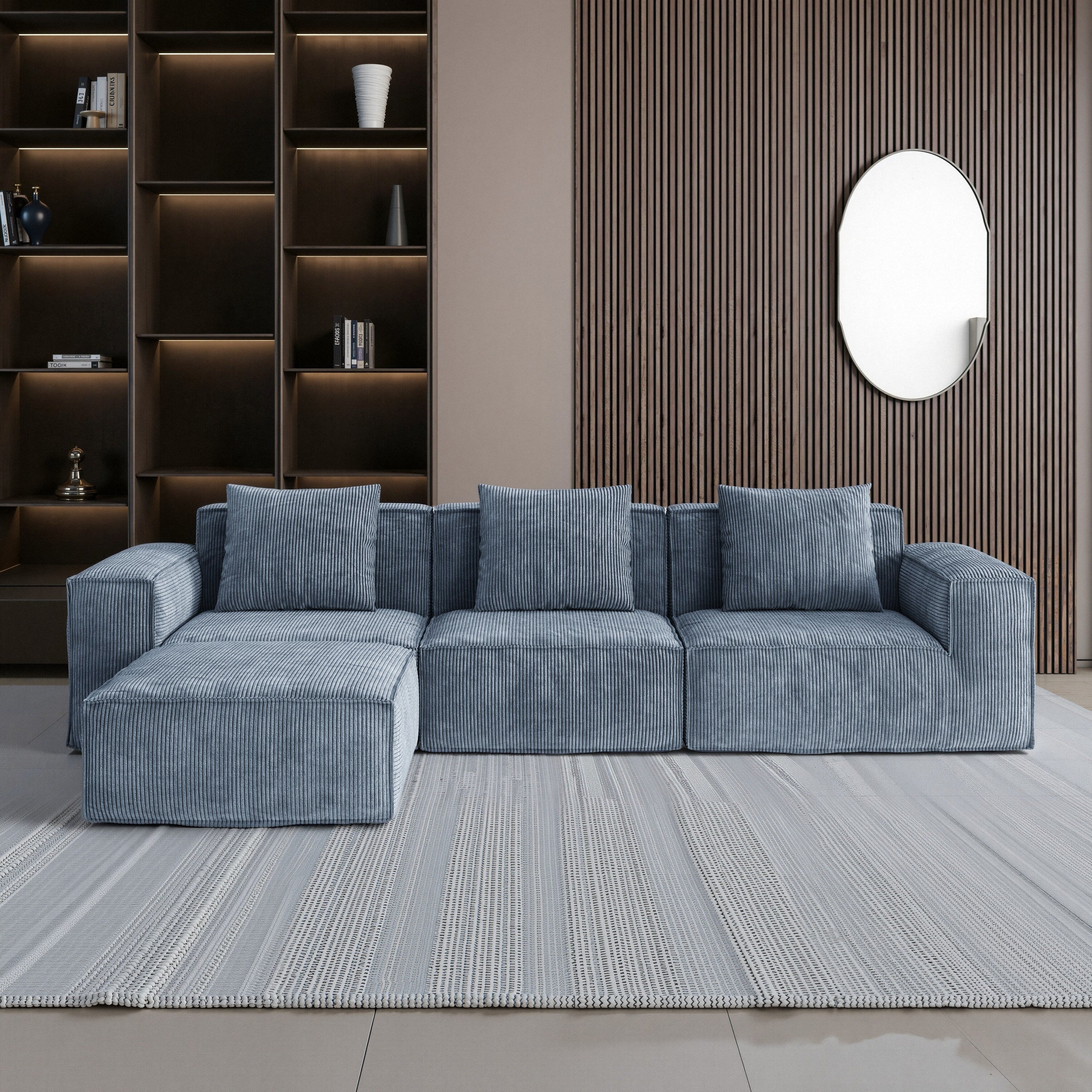 118 Inch Modular Sofa Bed Convertible 3 Seater with Footrest Gray Corduroy Velvet