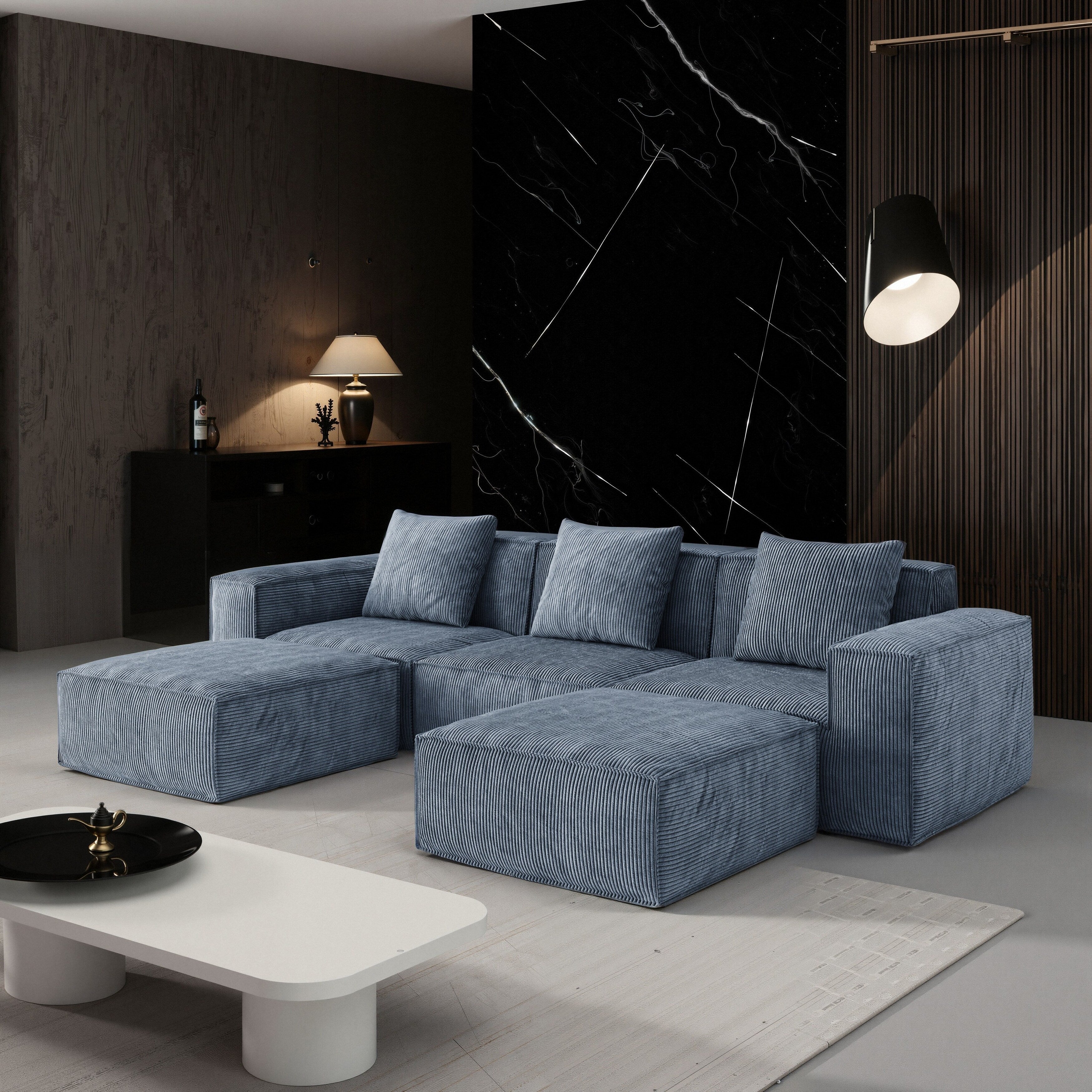 118 Inch Modular Sofa Bed Convertible to 3-Seater with Footrests Gray Corduroy Velvet