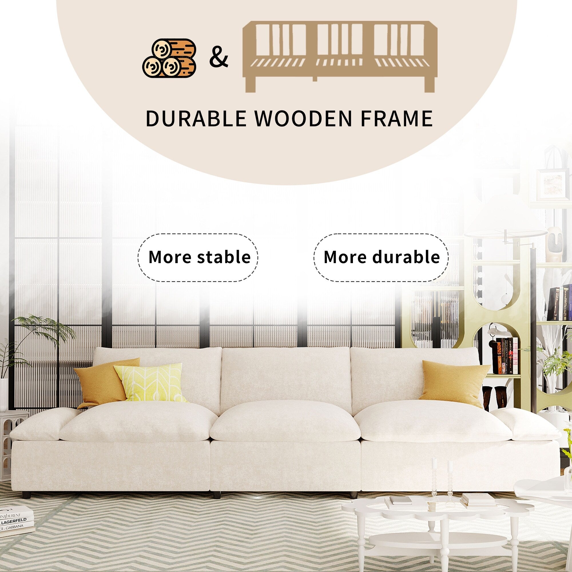 119.5 Large Polyester 3-seater Sofa with 2 Storage Units and Rubber Wood Legs for Living Room