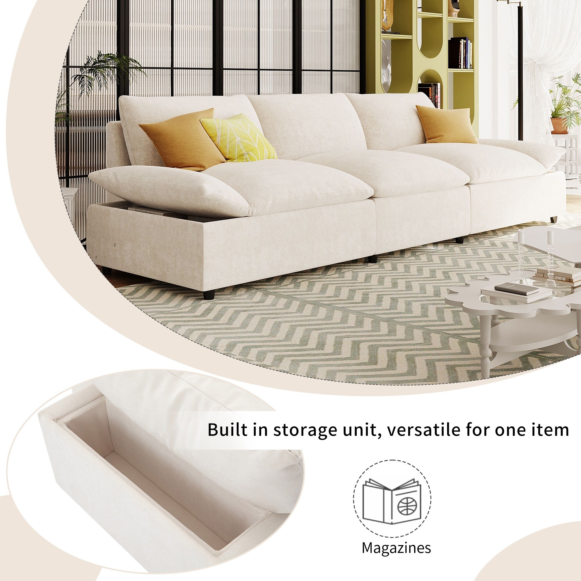 119.5 Large Polyester 3-seater Sofa with 2 Storage Units and Rubber Wood Legs for Living Room