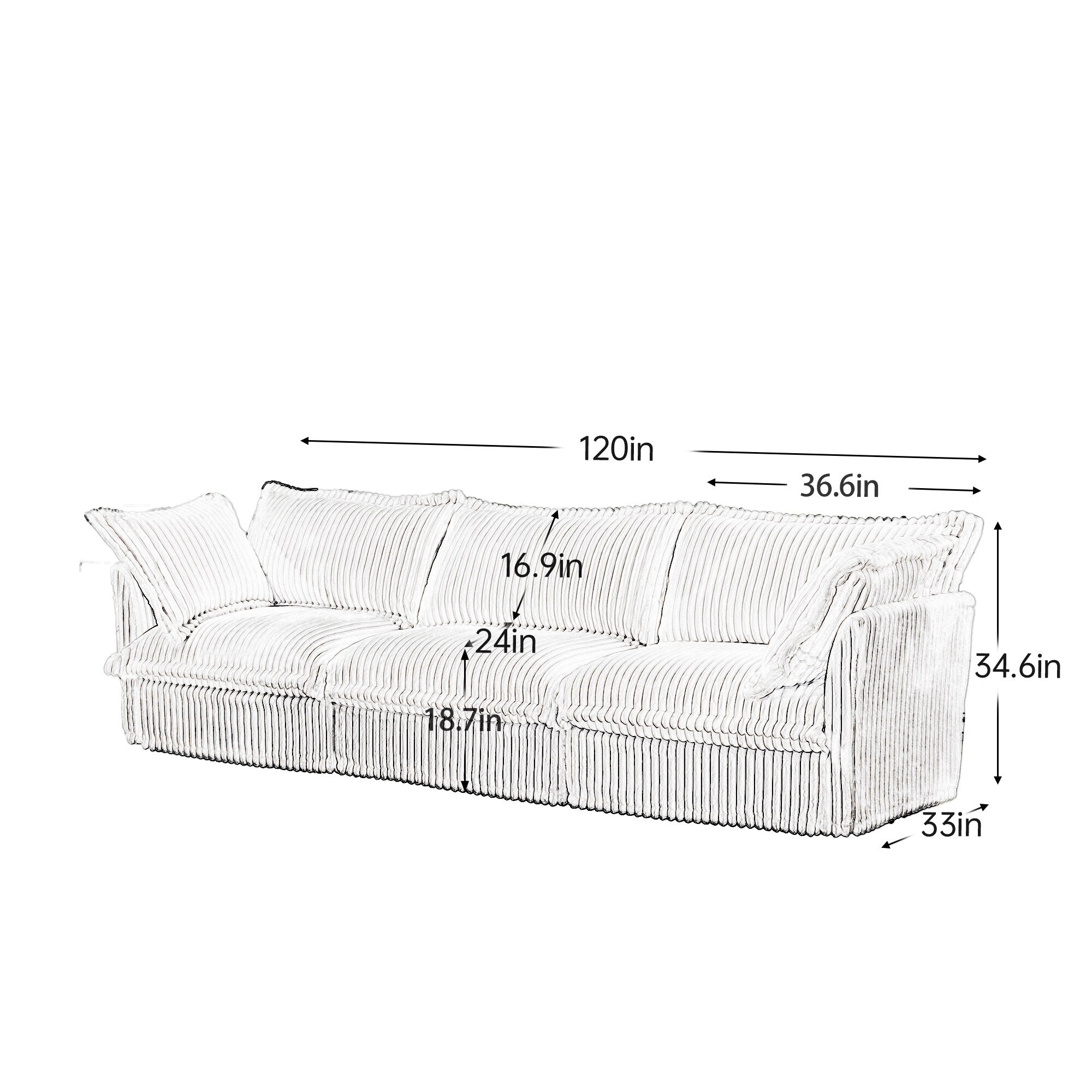 120 Corduroy 4-Seater Sofa with Soft Multiple Big Pillows for living room and bedroom