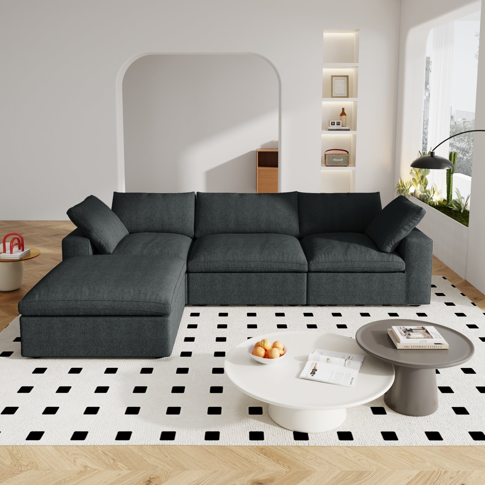 120 L-shaped Modern Sectional Sofa Linen Modular Sofa Couch with Storage Ottoman