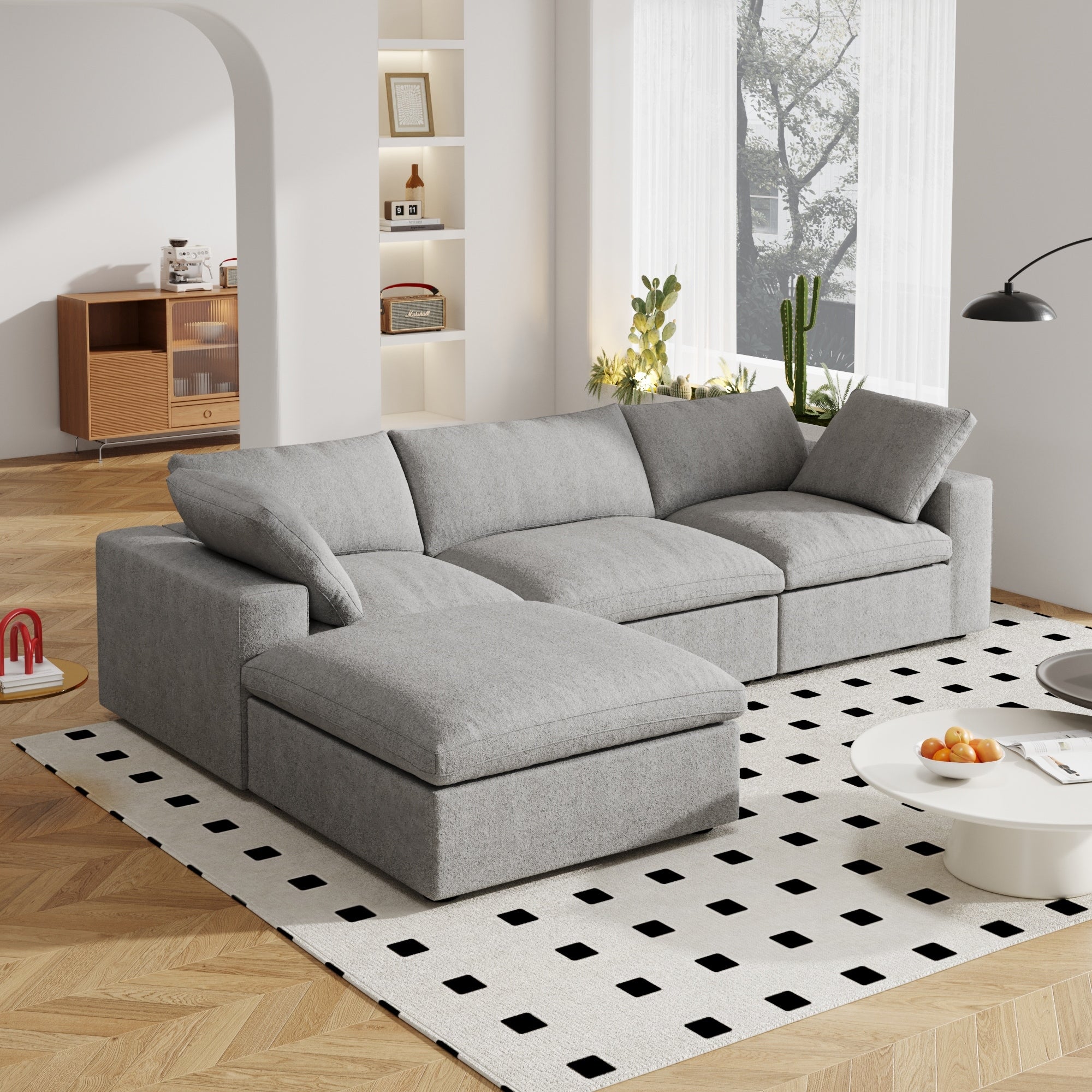 120 L-shaped Modern Sectional Sofa Linen Modular Sofa Couch with Storage Ottoman