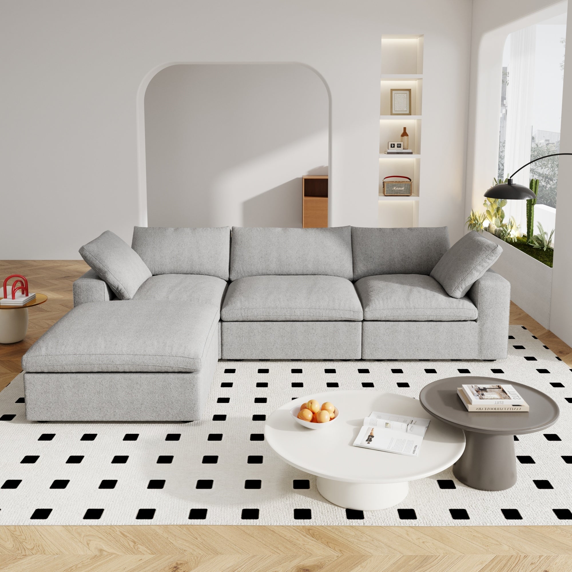 120 L-shaped Modern Sectional Sofa Linen Modular Sofa Couch with Storage Ottoman