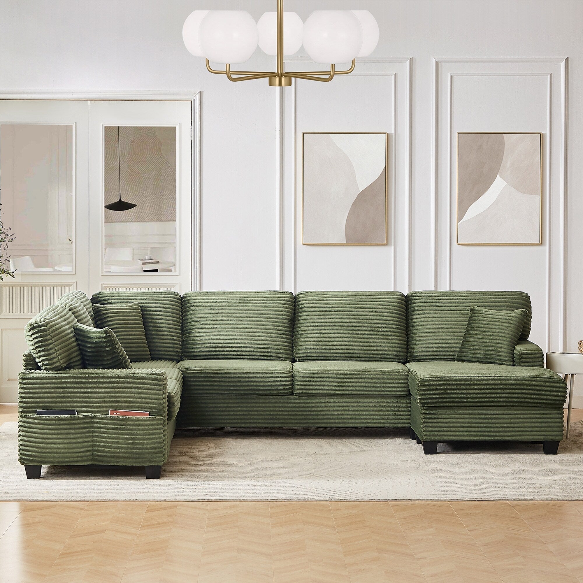 125'' Corduroy U-shaped Sectional Sofa with Movable Ottoman