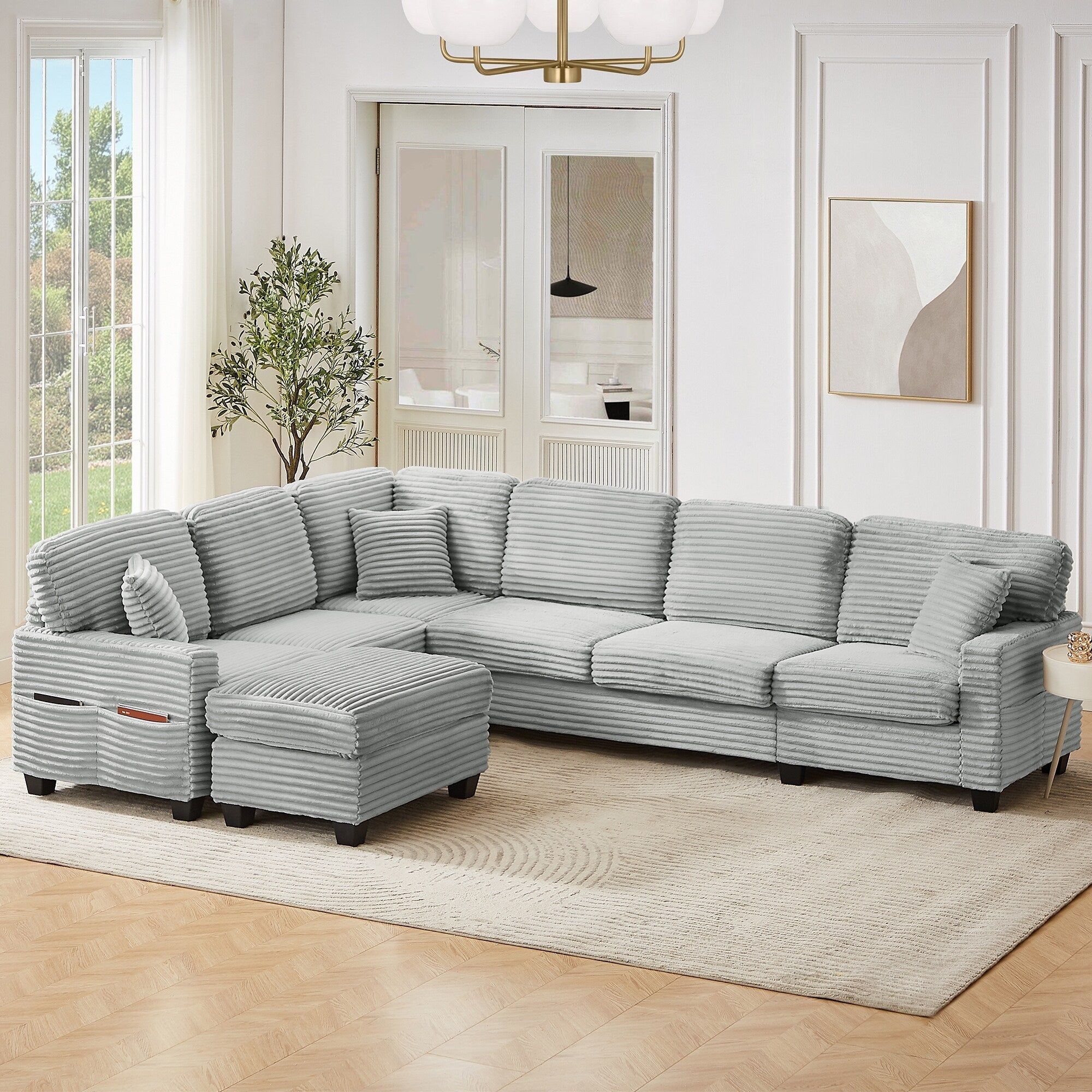 125'' Corduroy U-shaped Sectional Sofa with Movable Ottoman