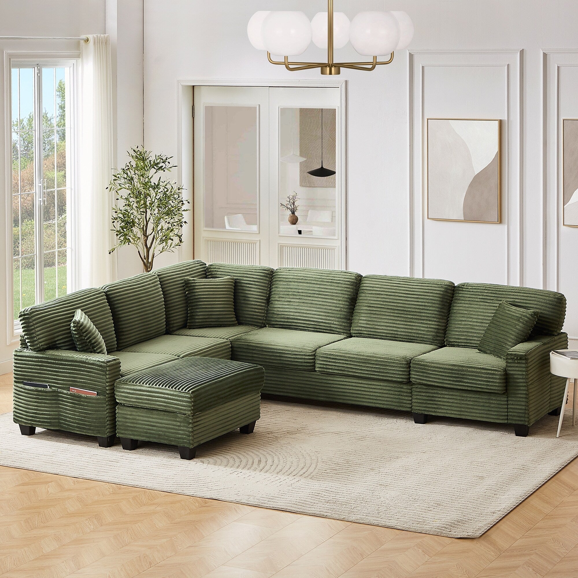 125'' Corduroy U-shaped Sectional Sofa with Movable Ottoman