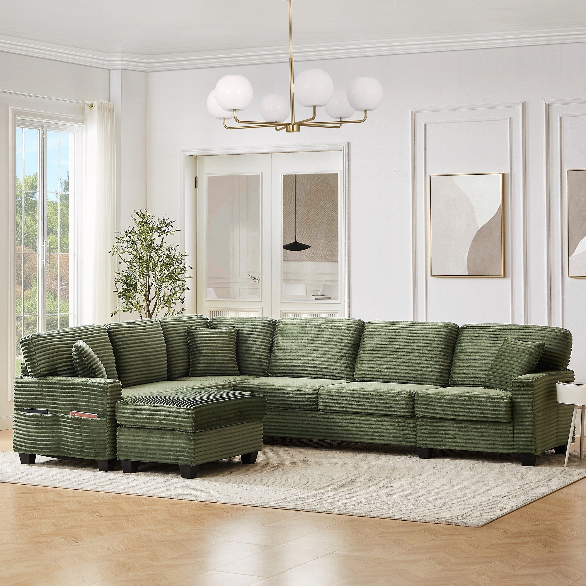 125'' Corduroy U-shaped Sectional Sofa with Movable Ottoman