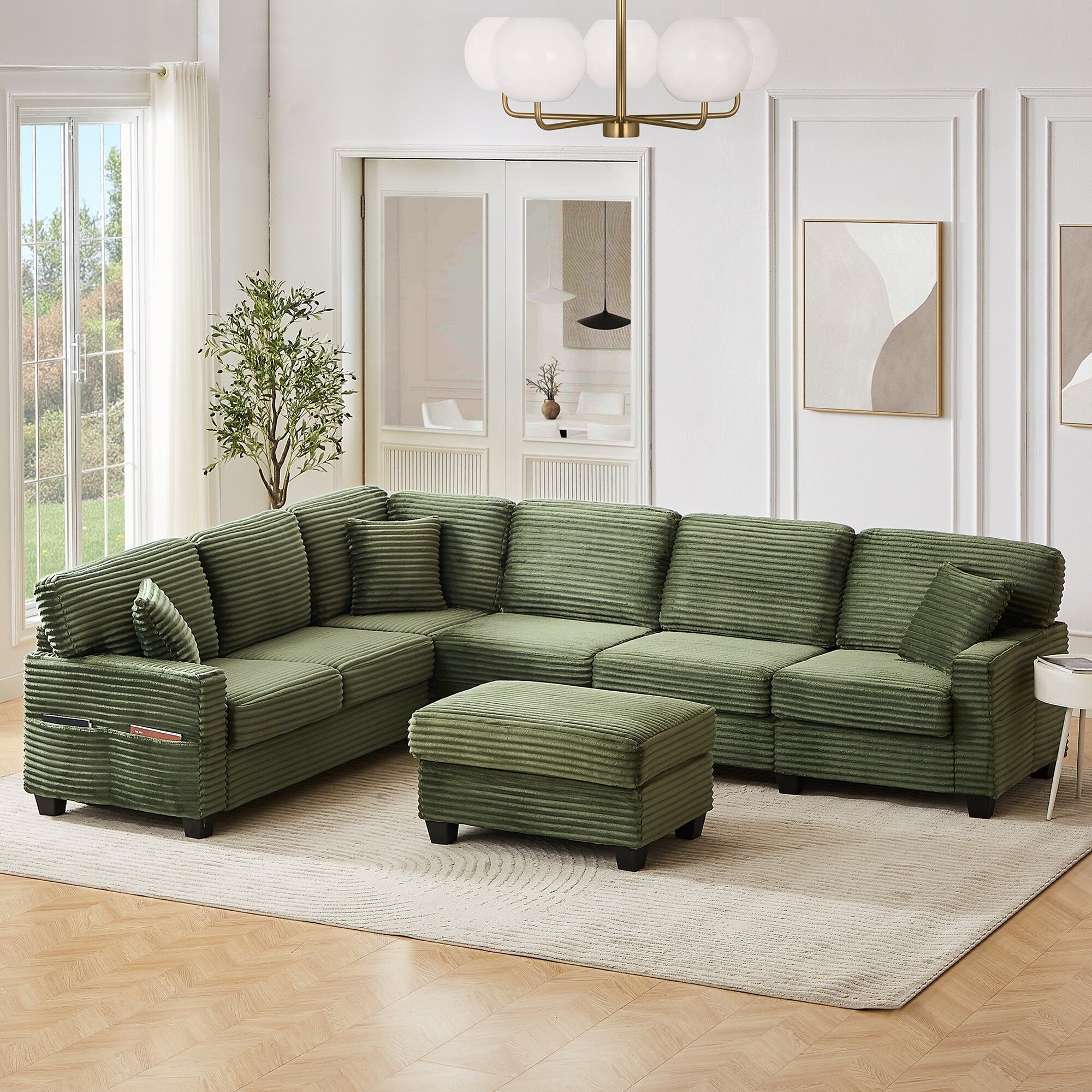 125'' Corduroy U-shaped Sectional Sofa with Movable Ottoman
