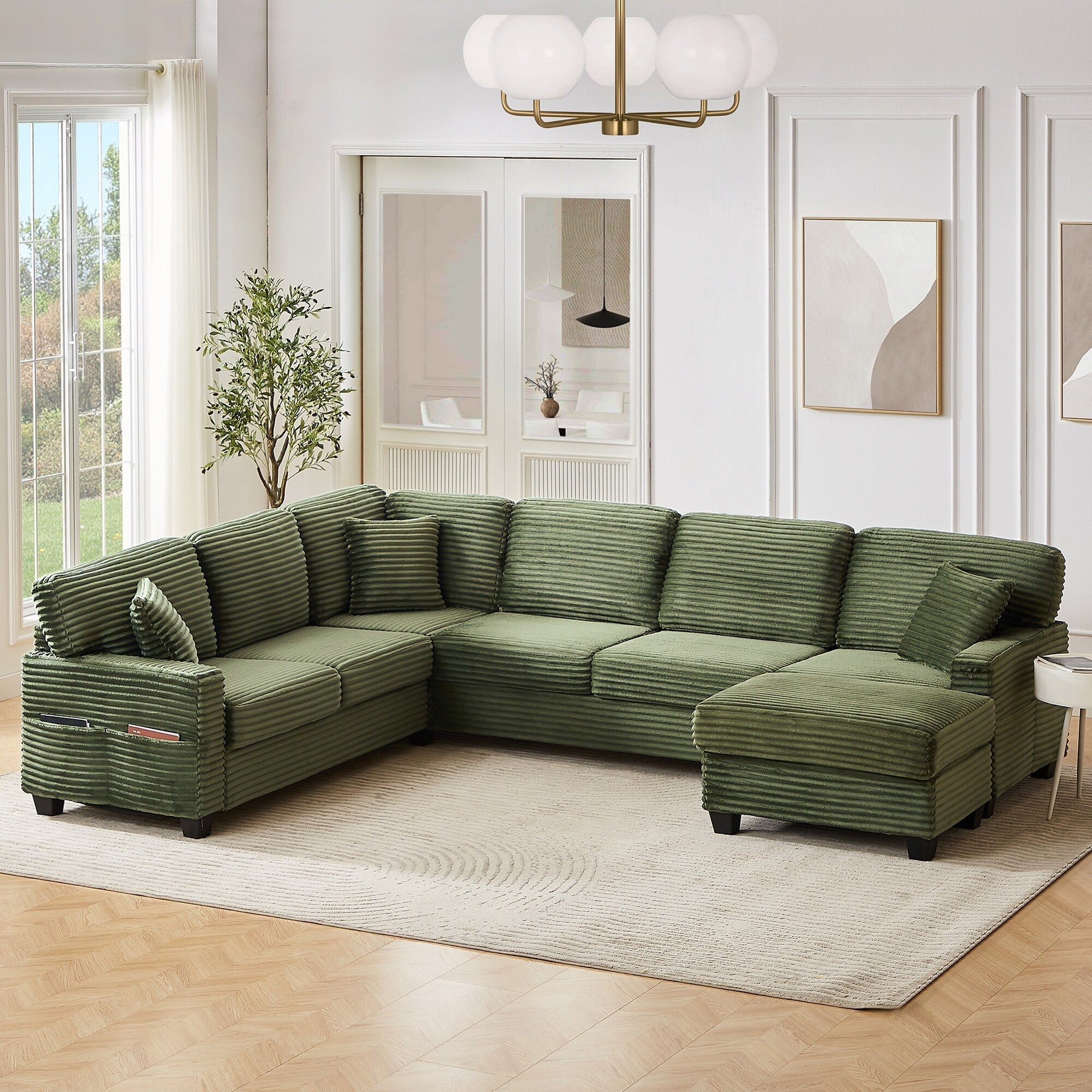 125'' Corduroy U-shaped Sectional Sofa with Movable Ottoman