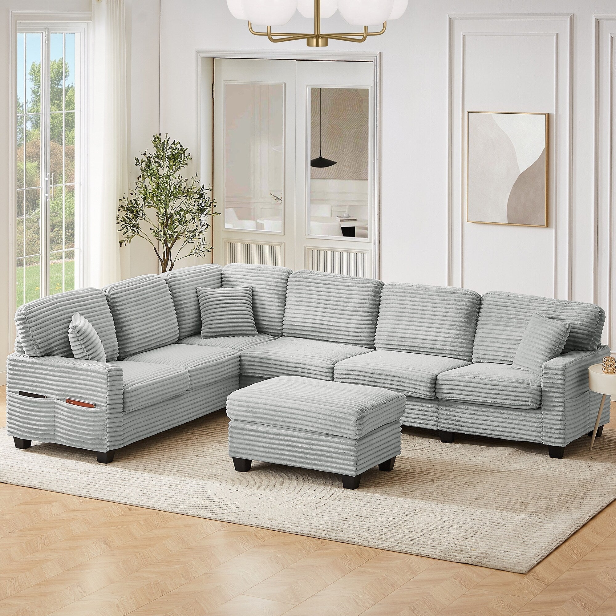 125'' Corduroy U-shaped Sectional Sofa with Movable Ottoman