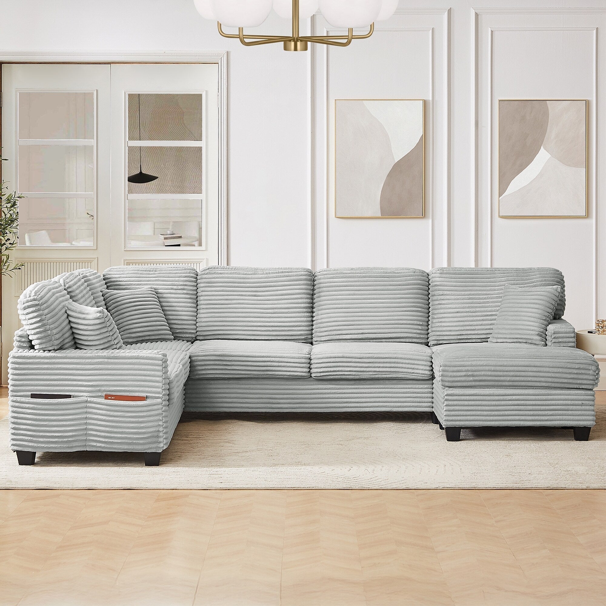 125'' Corduroy U-shaped Sectional Sofa with Movable Ottoman