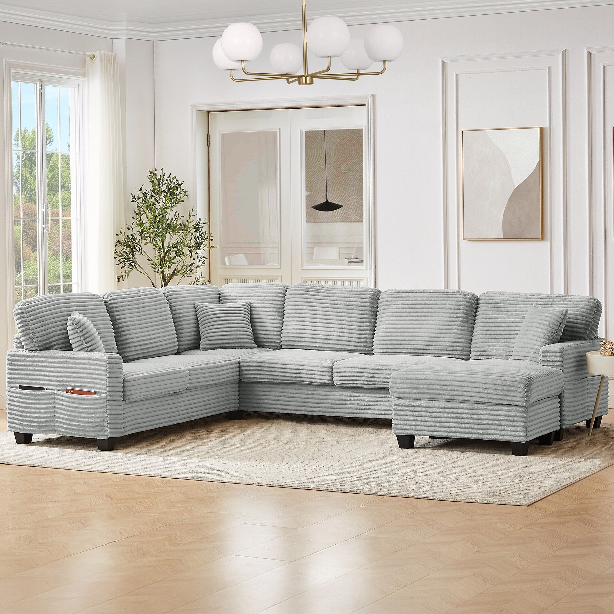 125'' Corduroy U-shaped Sectional Sofa with Movable Ottoman