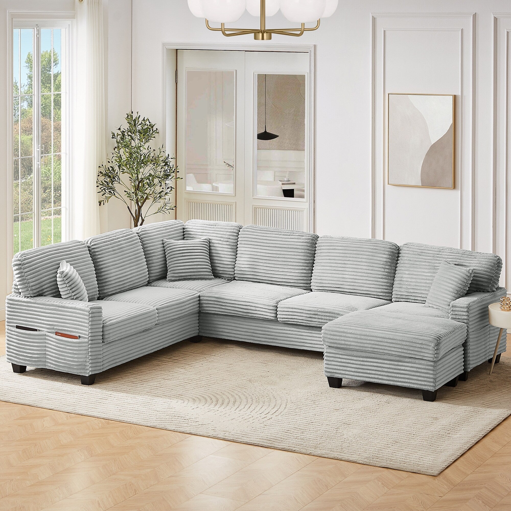 125'' Corduroy U-shaped Sectional Sofa with Movable Ottoman