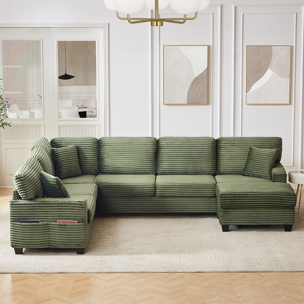 125'' Corduroy U-shaped Sectional Sofa with Movable Ottoman