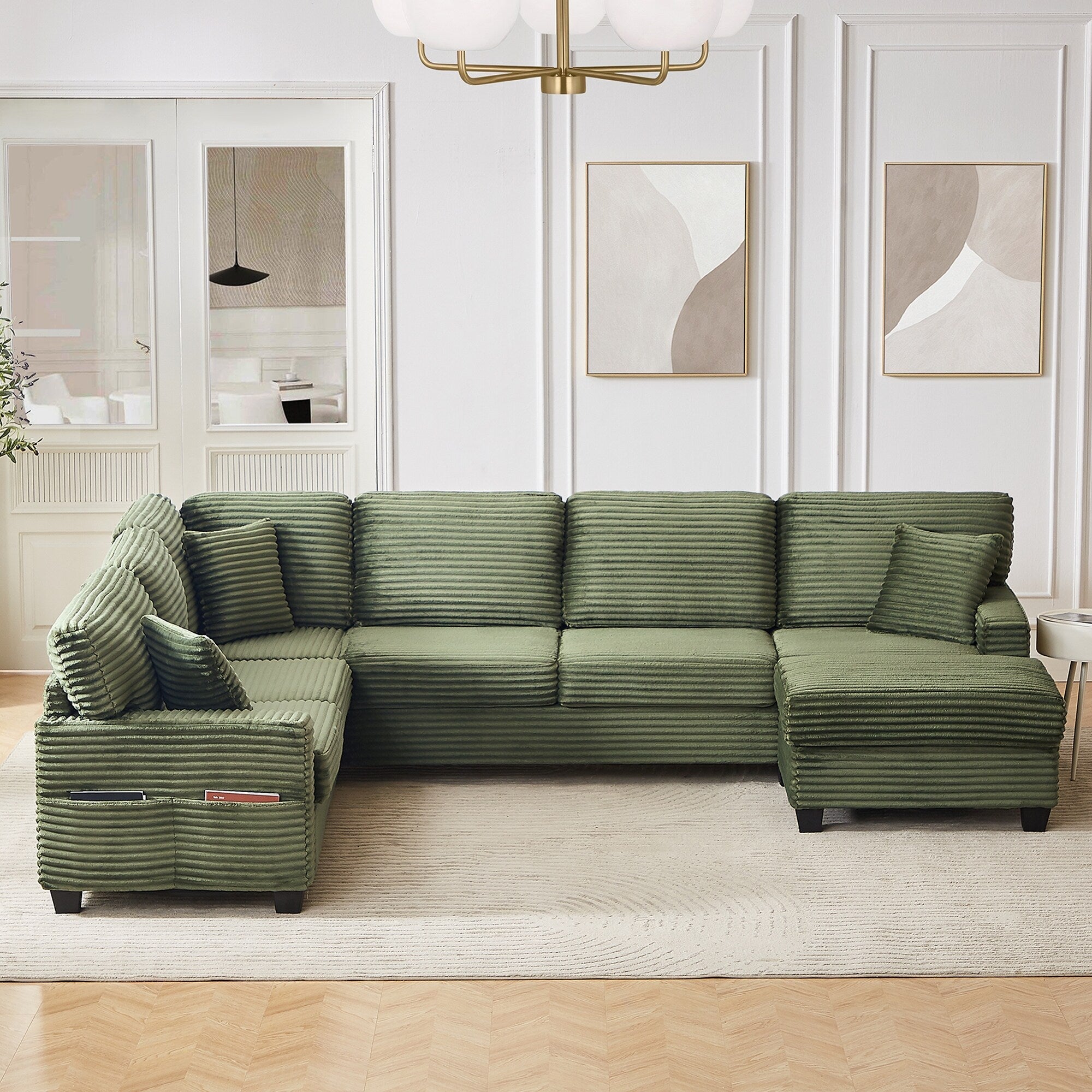 125'' Corduroy U-shaped Sectional Sofa with Movable Ottoman