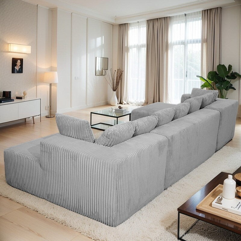 130 4-Seater Reversible Modular U-Shaped Sofa in Gray Striped Corduroy – Customizable Layout for Living & Bedrooms