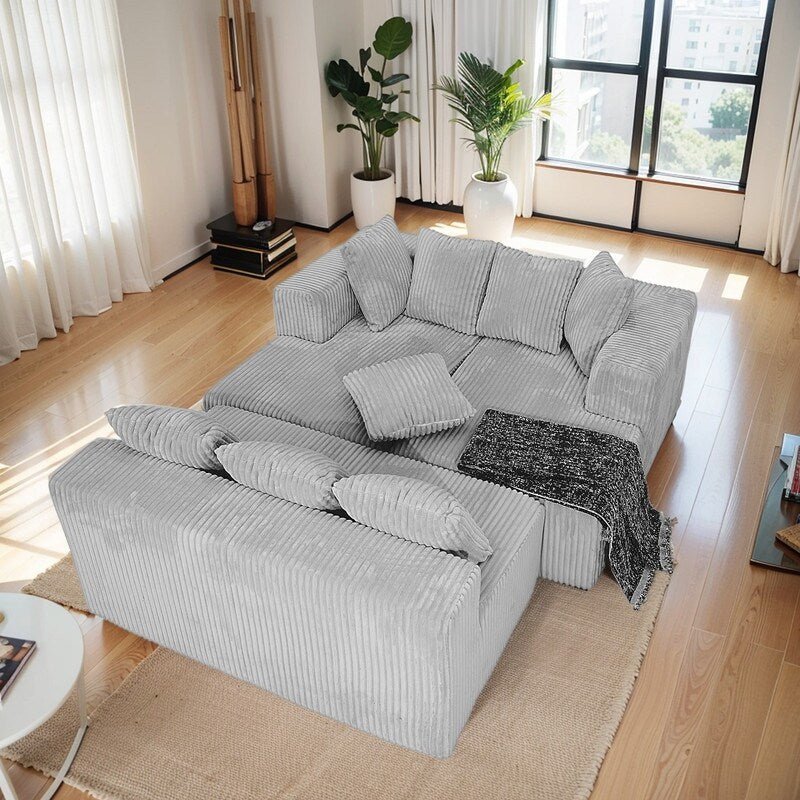 130 4-Seater Reversible Modular U-Shaped Sofa in Gray Striped Corduroy – Customizable Layout for Living & Bedrooms