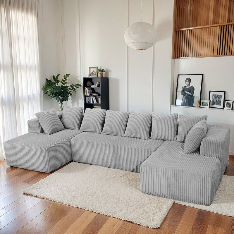 130 4-Seater Reversible Modular U-Shaped Sofa in Gray Striped Corduroy – Customizable Layout for Living & Bedrooms