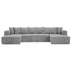 130 4-Seater Reversible Modular U-Shaped Sofa in Gray Striped Corduroy – Customizable Layout for Living & Bedrooms