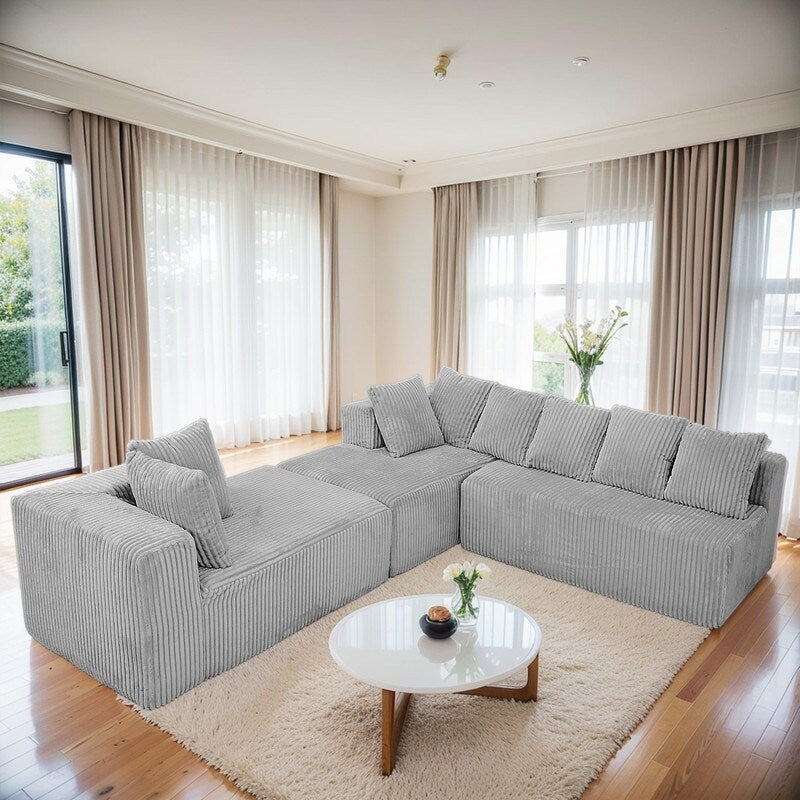 130 4-Seater Reversible Modular U-Shaped Sofa in Gray Striped Corduroy – Customizable Layout for Living & Bedrooms