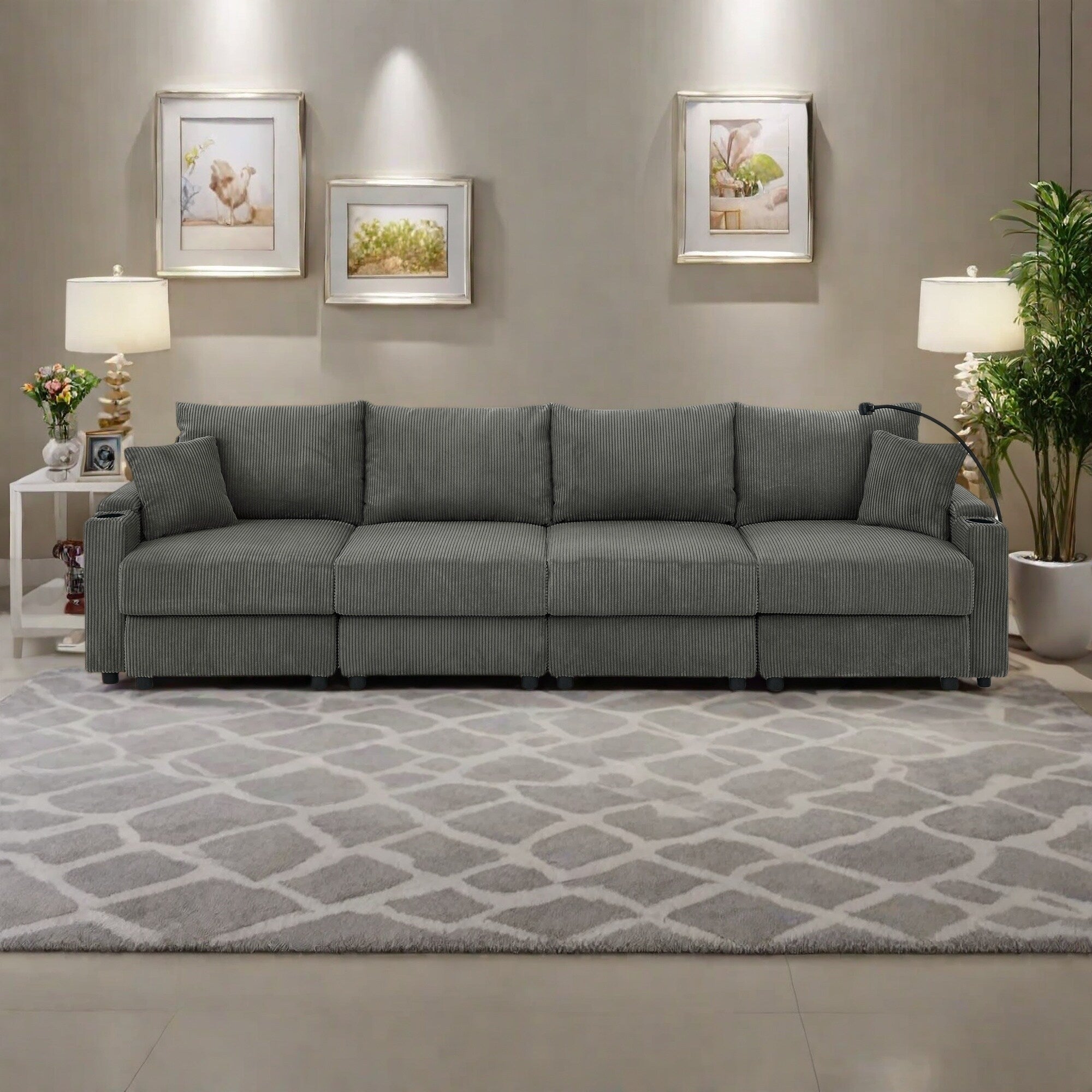 132 Corduroy 5-Seater Sofa with Cup Holders and Phone Holder,High-Density Cushions