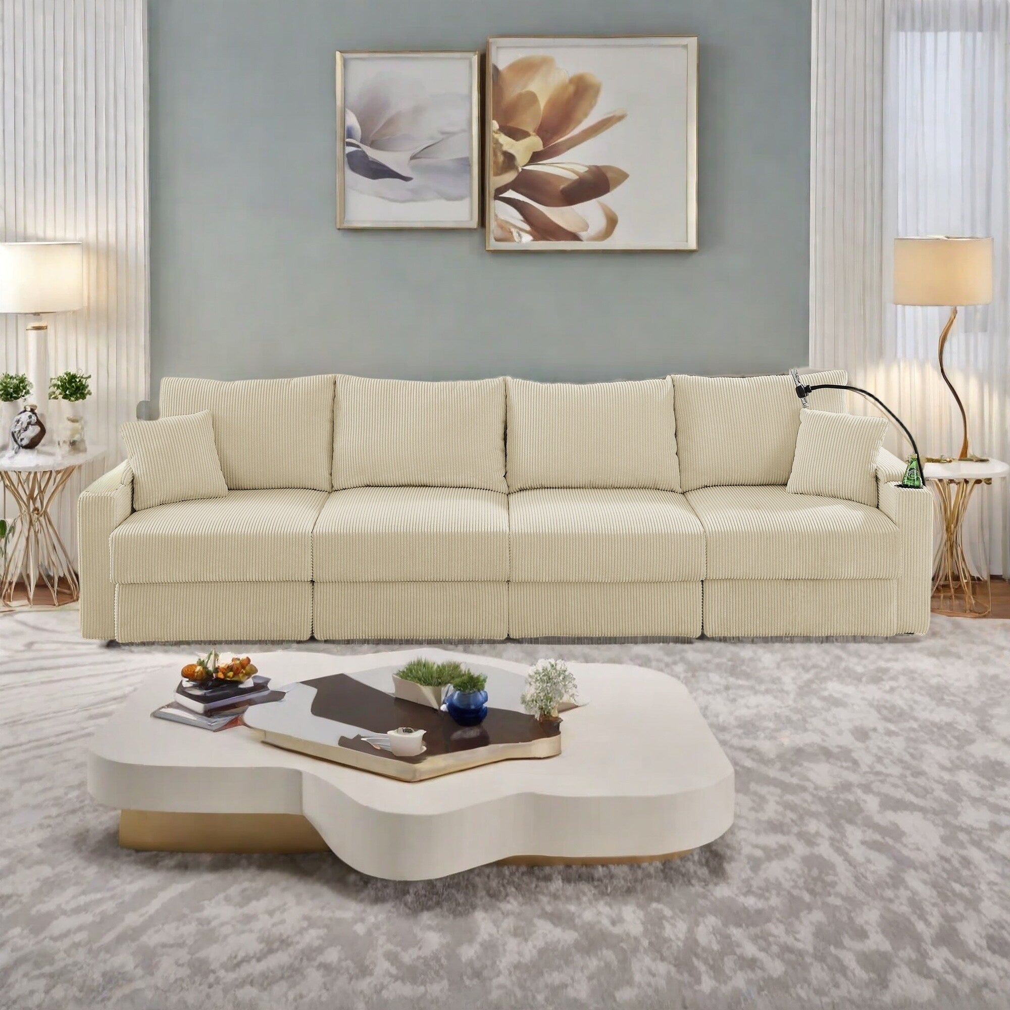 132 Corduroy 5-Seater Sofa with Cup Holders and Phone Holder,High-Density Cushions