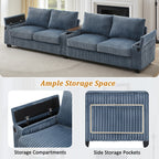 133 4-Seater Corduroy Sofa - Modern Storage Couch with USB Ports, Flip-Top Cup Holders