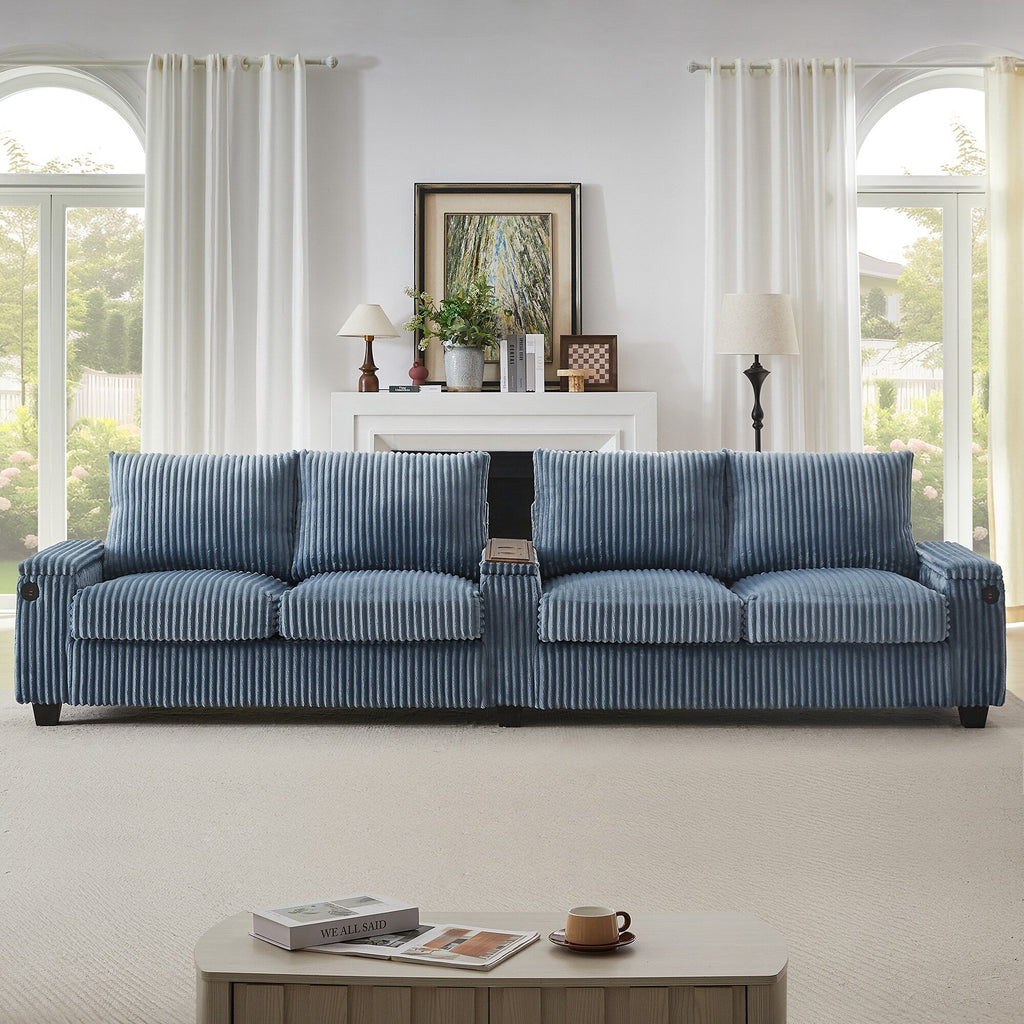 133 4-Seater Corduroy Sofa - Modern Storage Couch with USB Ports, Flip-Top Cup Holders