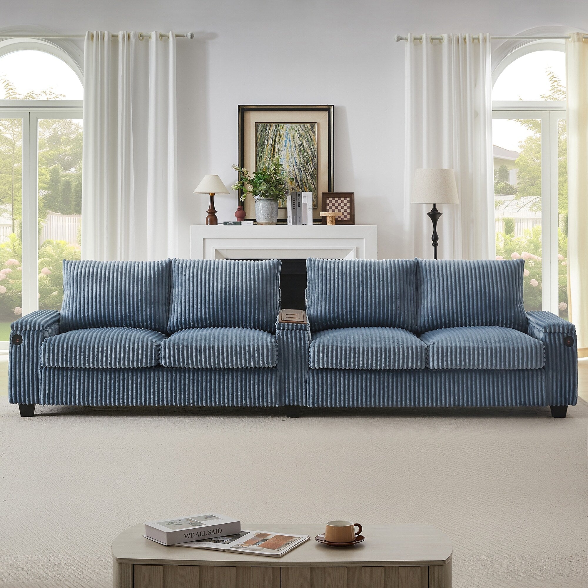 133 4-Seater Corduroy Sofa - Modern Storage Couch with USB Ports, Flip-Top Cup Holders