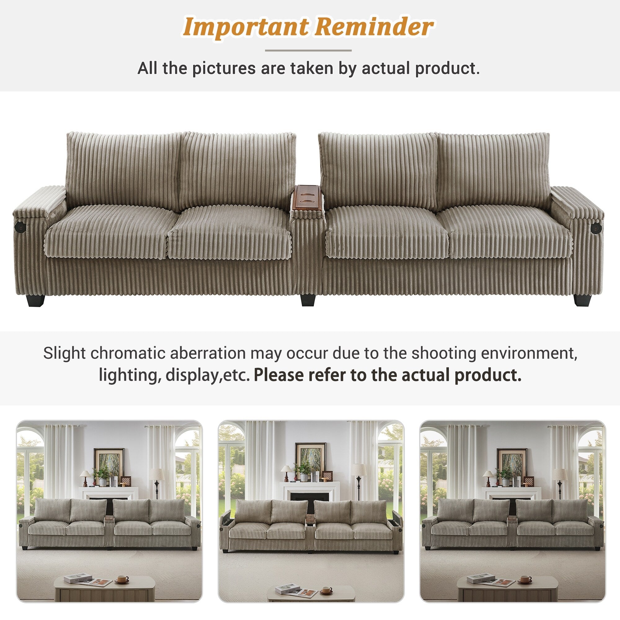 133 4-Seater Corduroy Sofa - Modern Storage Couch with USB Ports, Flip-Top Cup Holders