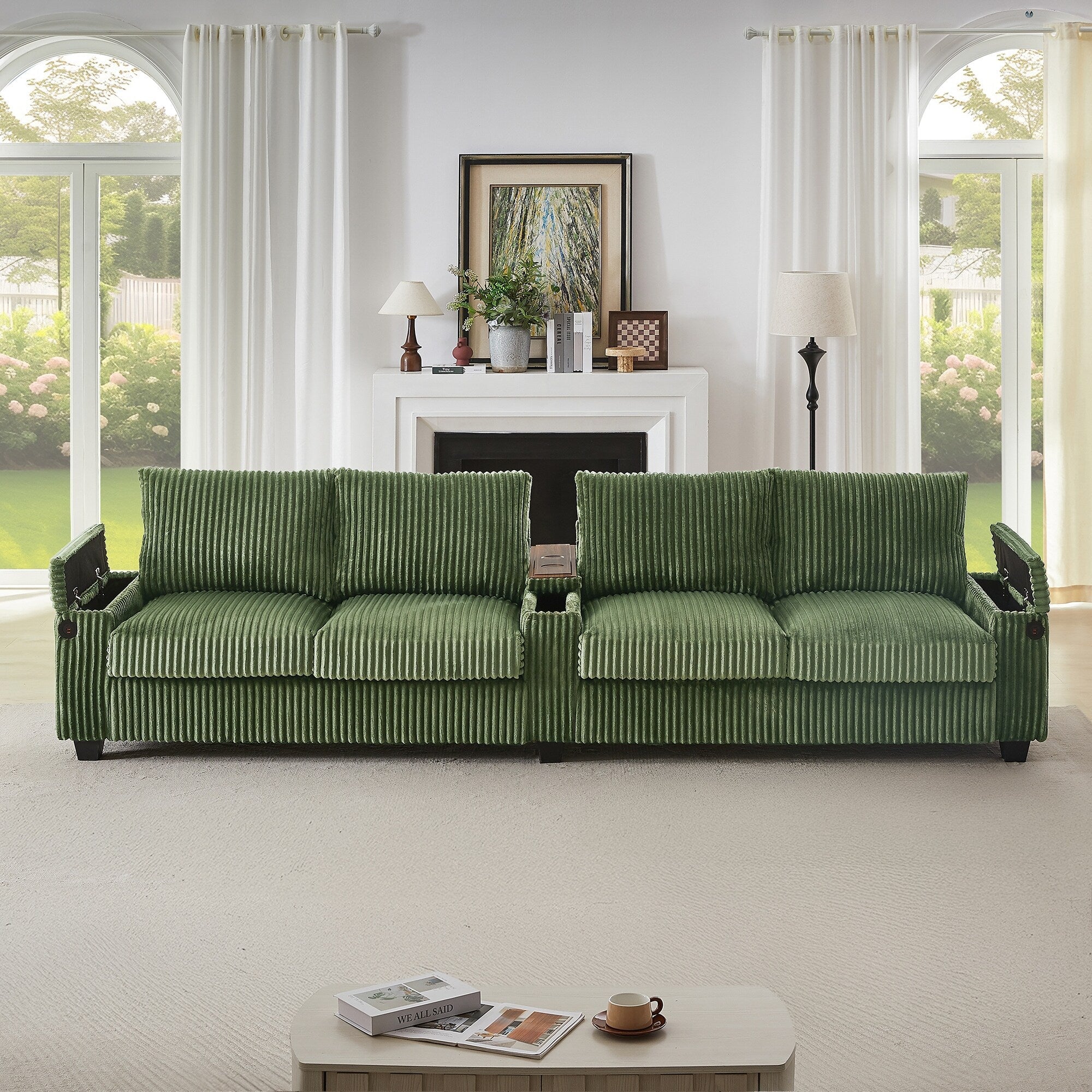 133 4-Seater Corduroy Sofa - Modern Storage Couch with USB Ports, Flip-Top Cup Holders