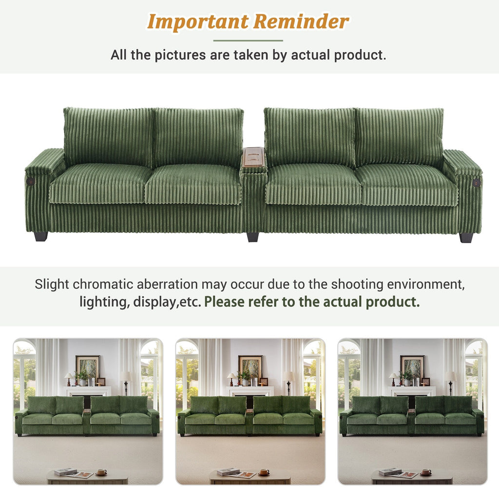 133 4-Seater Corduroy Sofa - Modern Storage Couch with USB Ports, Flip-Top Cup Holders