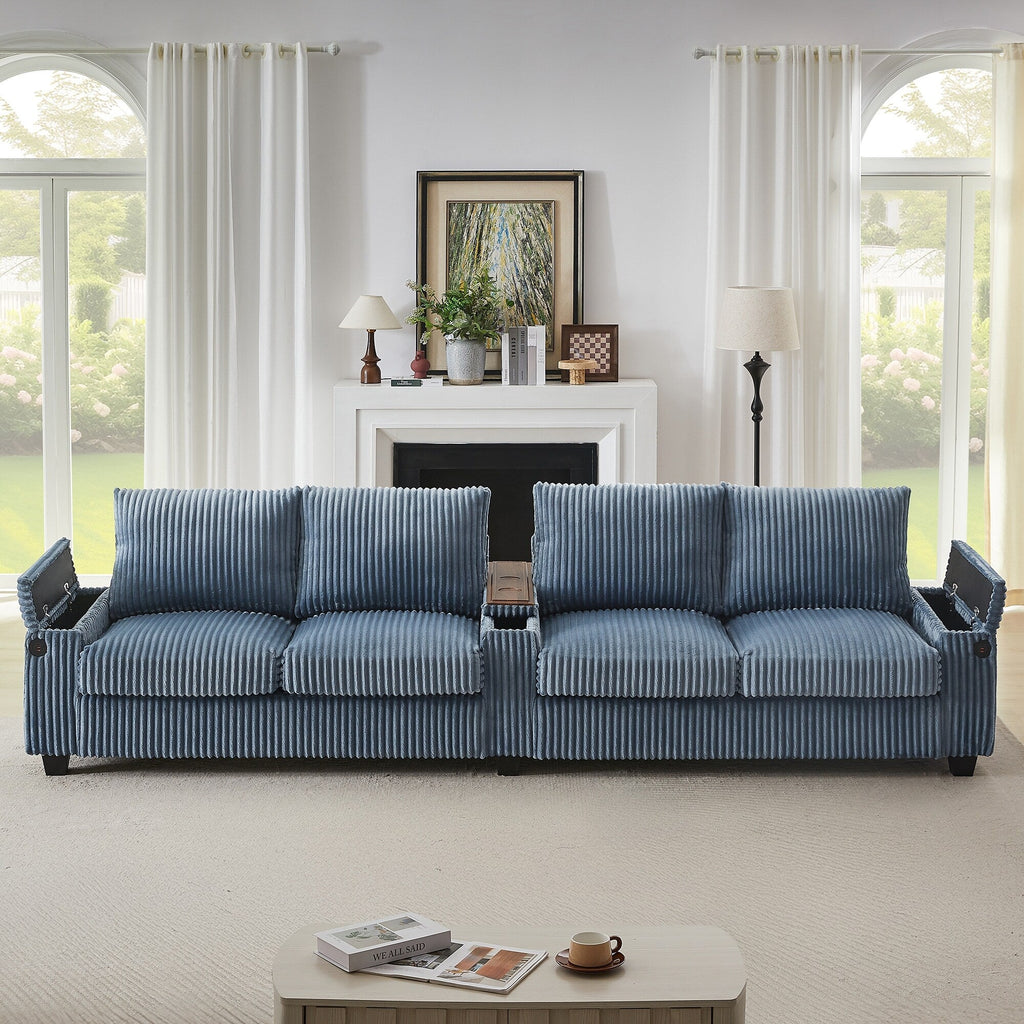 133 4-Seater Corduroy Sofa - Modern Storage Couch with USB Ports, Flip-Top Cup Holders
