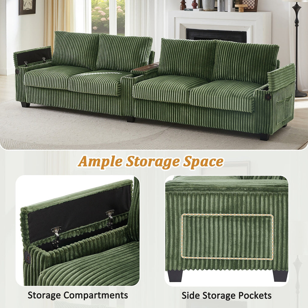 133 4-Seater Corduroy Sofa - Modern Storage Couch with USB Ports, Flip-Top Cup Holders