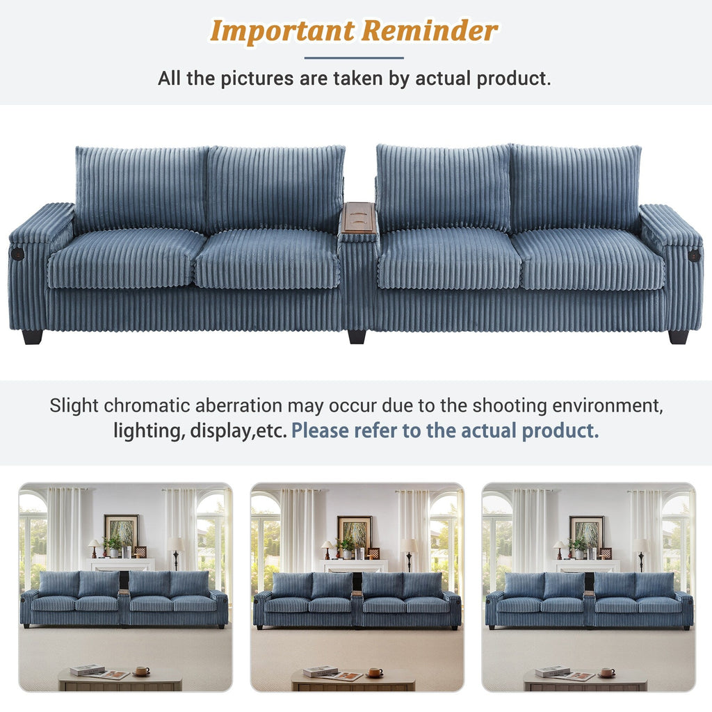 133 4-Seater Corduroy Sofa - Modern Storage Couch with USB Ports, Flip-Top Cup Holders