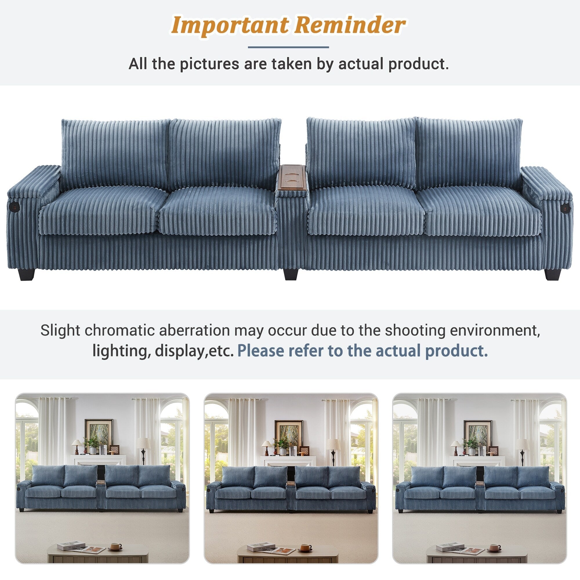 133 4-Seater Corduroy Sofa - Modern Storage Couch with USB Ports, Flip-Top Cup Holders