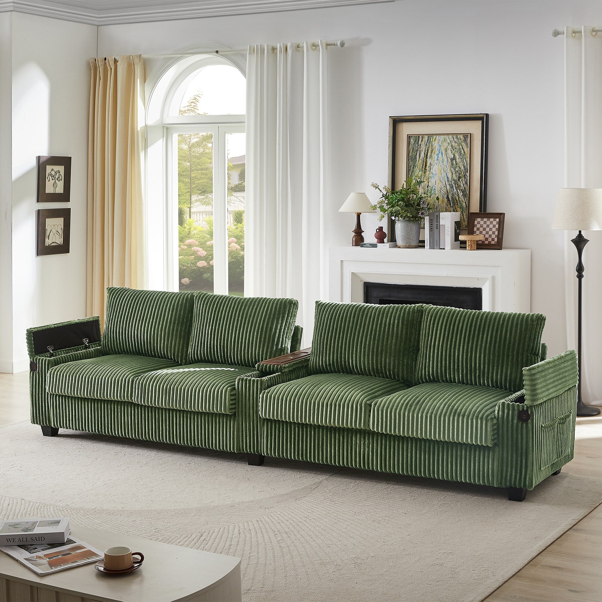133 4-Seater Corduroy Sofa - Modern Storage Couch with USB Ports, Flip-Top Cup Holders
