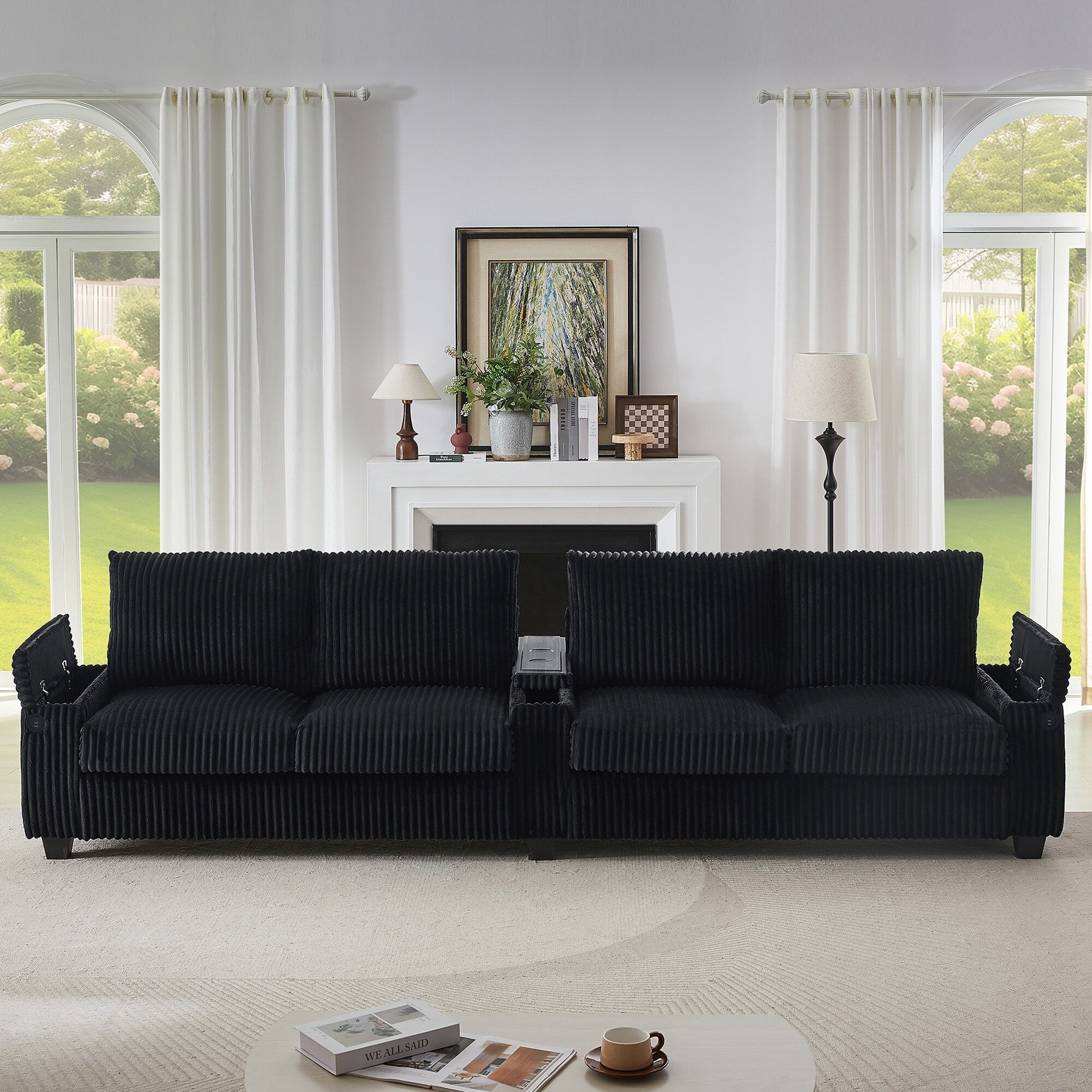 133 4-Seater Corduroy Sofa - Modern Storage Couch with USB Ports, Flip-Top Cup Holders