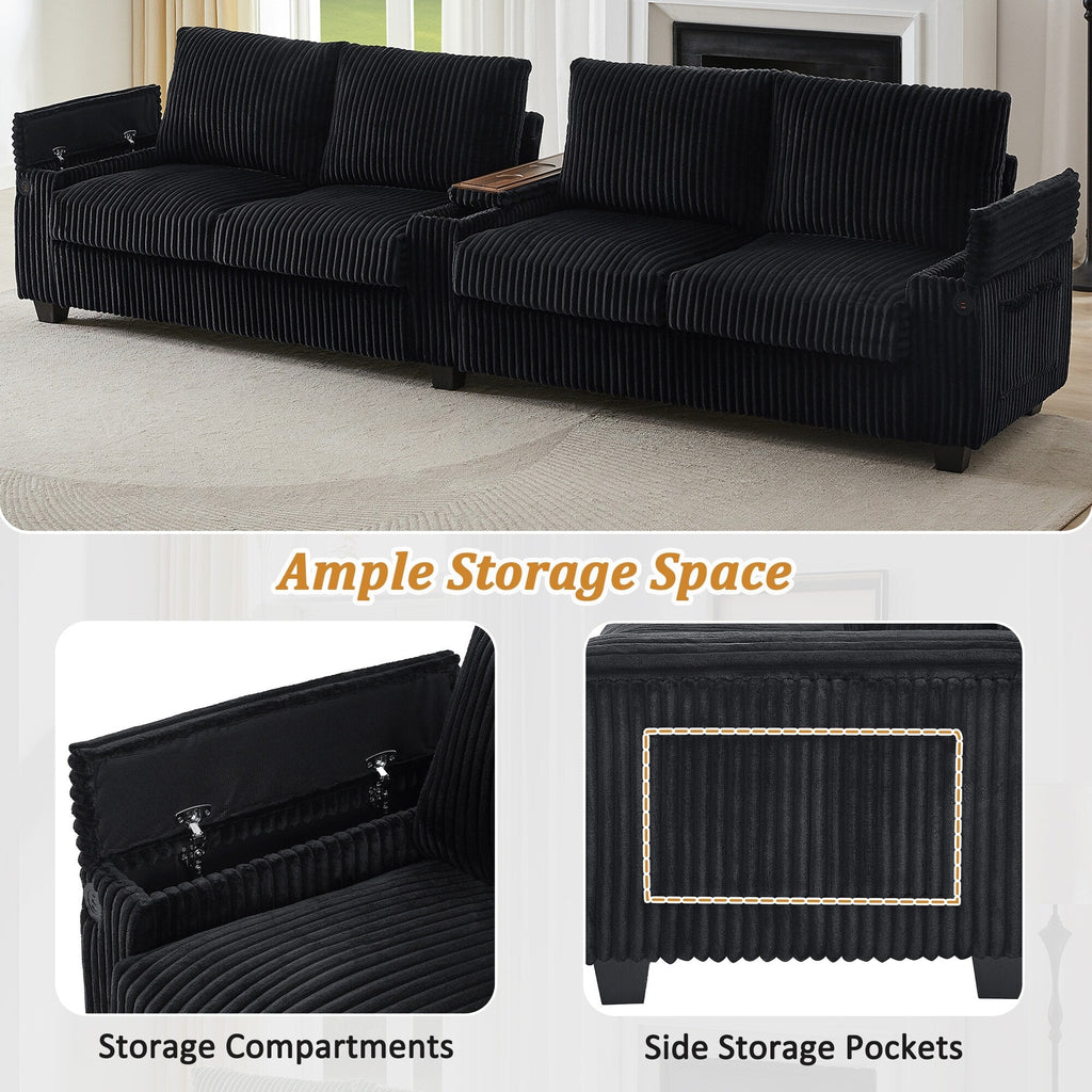 133 4-Seater Corduroy Sofa - Modern Storage Couch with USB Ports, Flip-Top Cup Holders